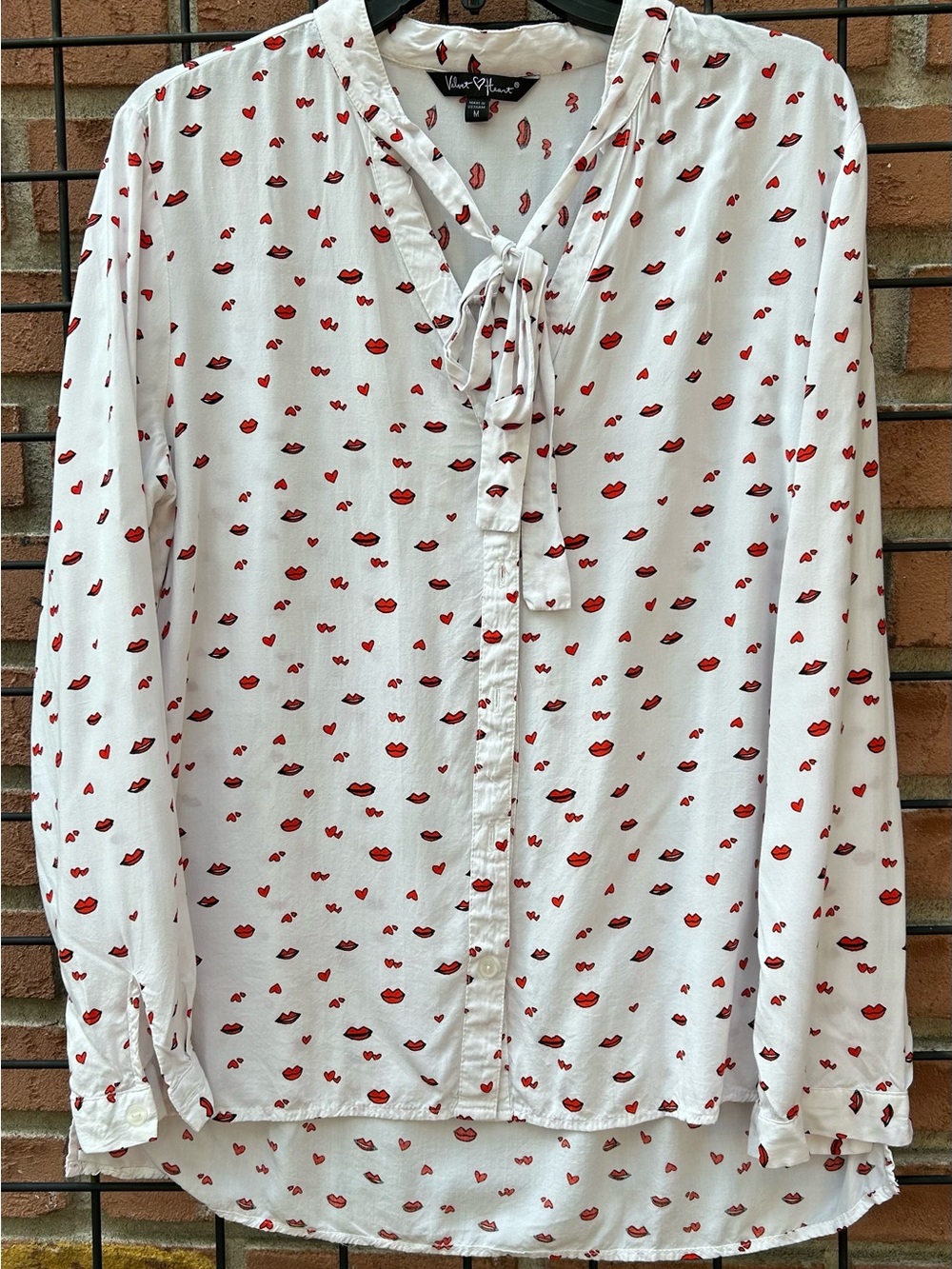 Velvet Heart White Tie-Neck Blouse with Red Lip Print